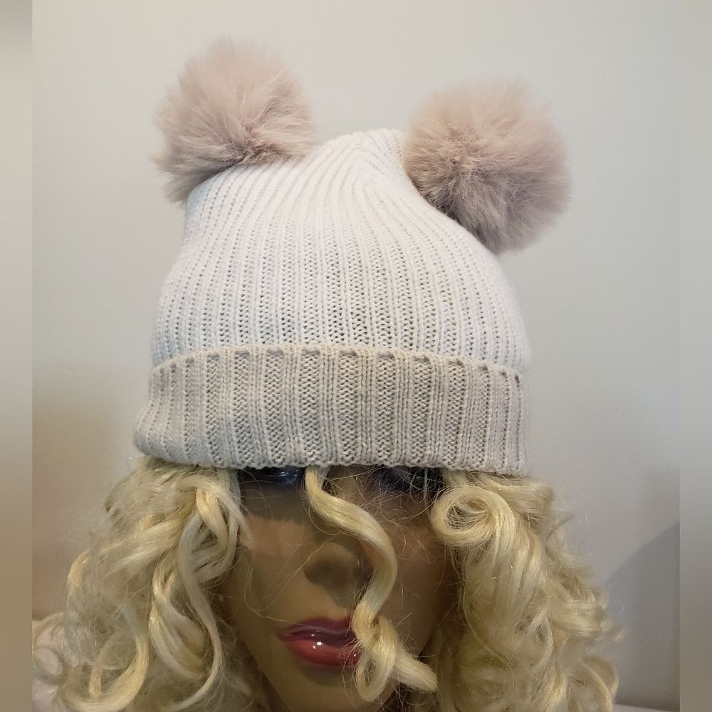 White/Cream Knit Beanie with Pom Poms